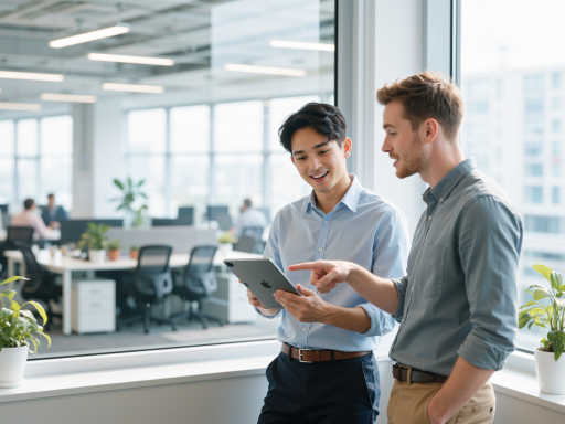 海外手机游戏发行公司办公环境，现代化办公室，团队成员正在讨论游戏项目，明亮自然光，蓝色背景