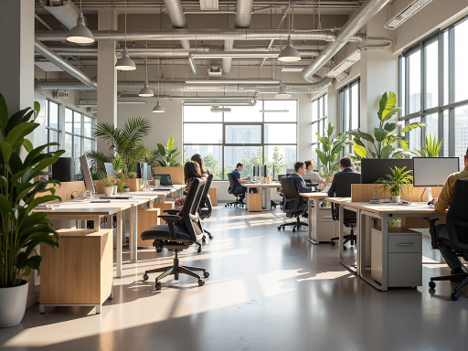 现代化办公环境全景图，开放式办公区域，玻璃隔断会议室，绿色植物装饰，明亮自然光